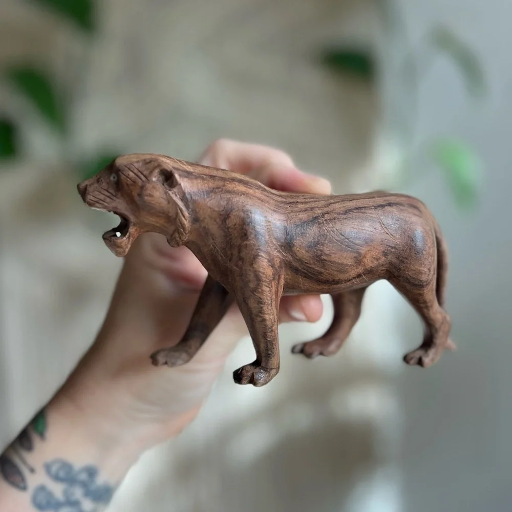 Vintage Hand-Carved Wooden Tiger Figurine Teak Jungle Cat Sculpture Safari Decor